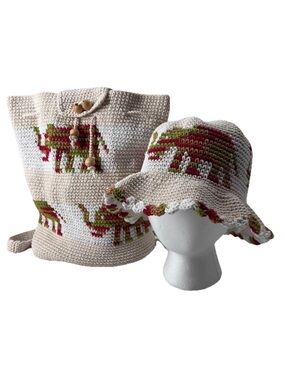 Handmade Boho Crochet Backpack Nap Sack Elephant Design & Matching Bucket Hat